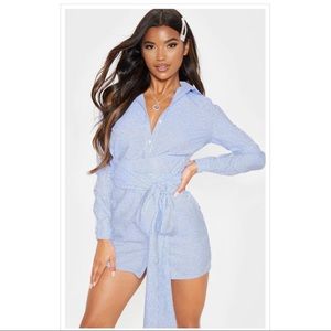 Blue Pinstripe Tie Waist Shirt Dress